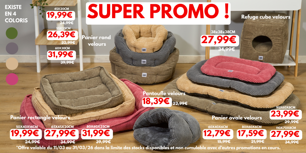 Réductions sur les paniers pour chiens en velours
